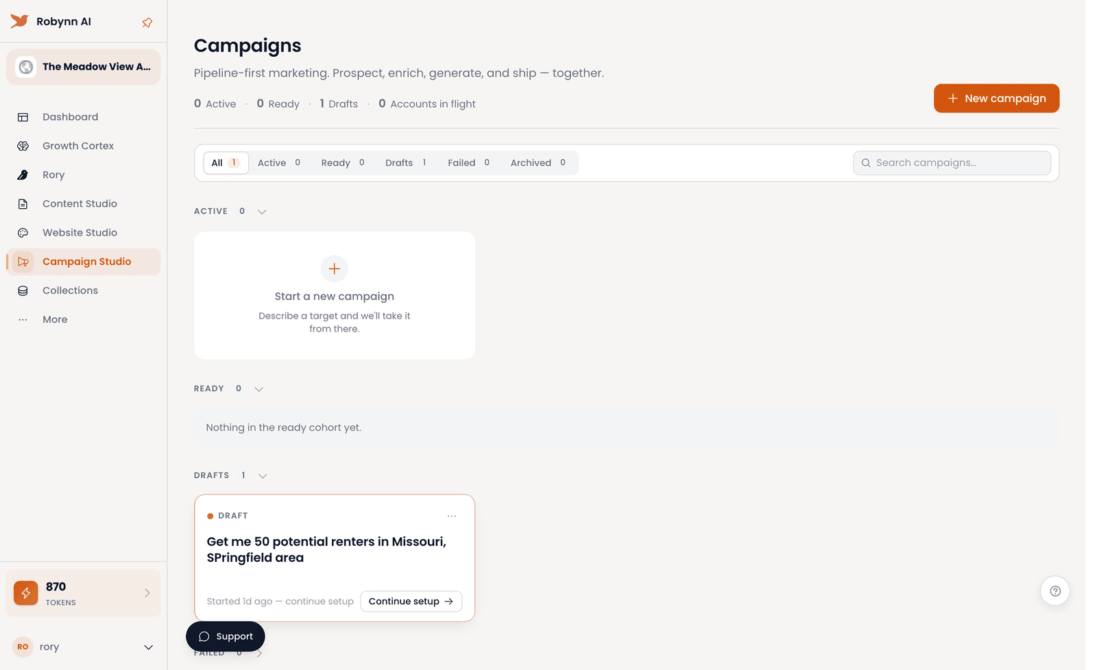 The Campaign Studio list filtered across Draft, Ready, Active, Failed, and Archived statuses.