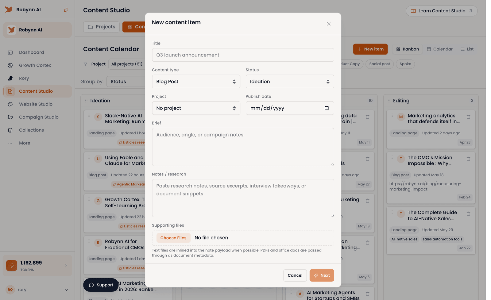 The Content Studio new-item composer — title, content type, brief, and notes — over the content calendar.