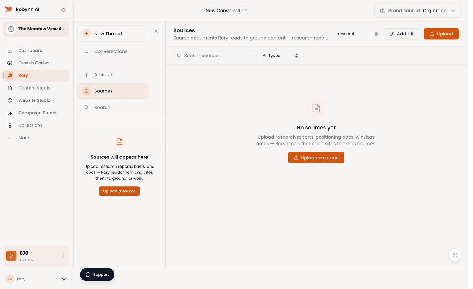The Rory Sources view, where you add a URL or upload documents Rory reads and cites as it works.