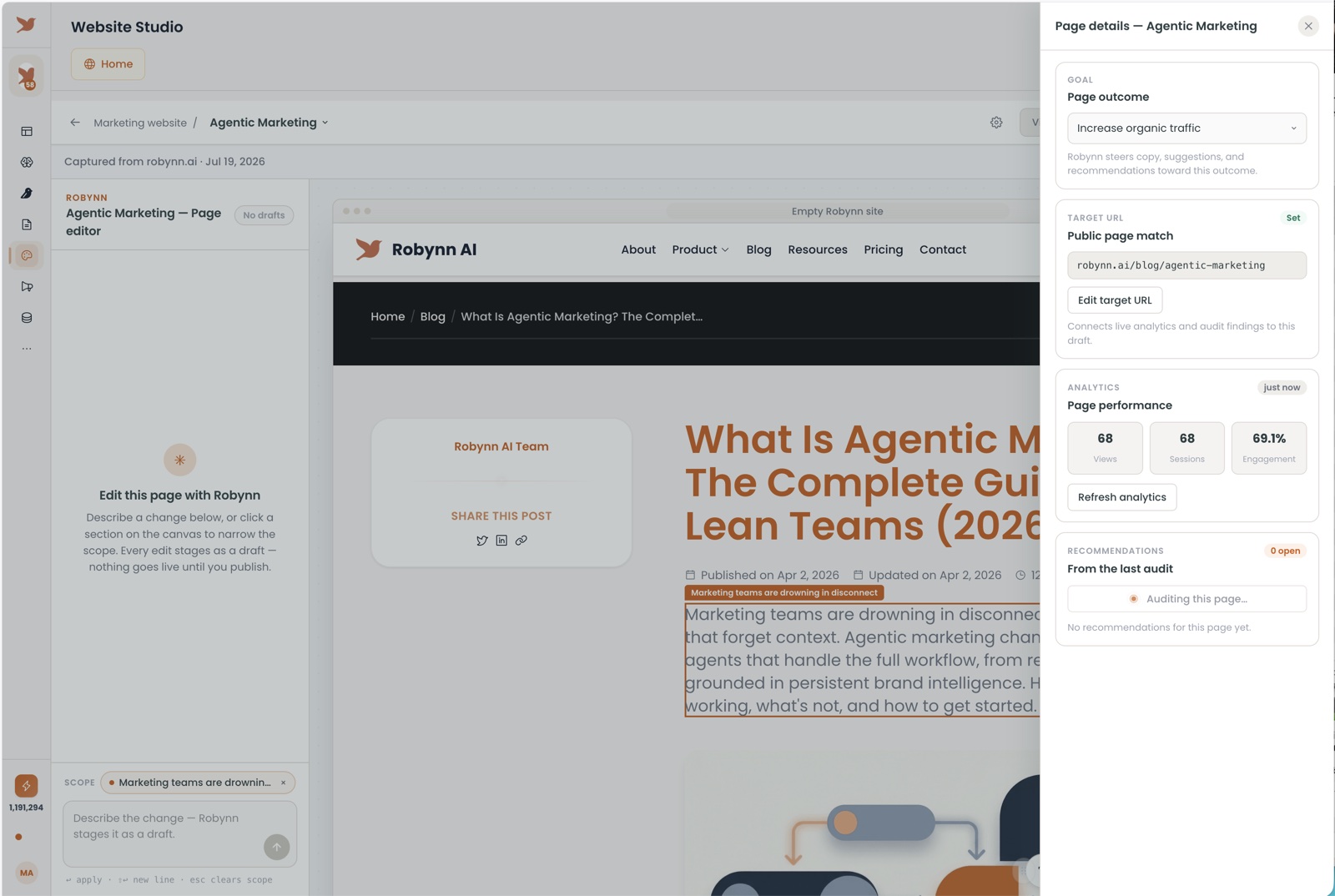 Robynn Website Studio showing a website improvement workflow and live page analytics